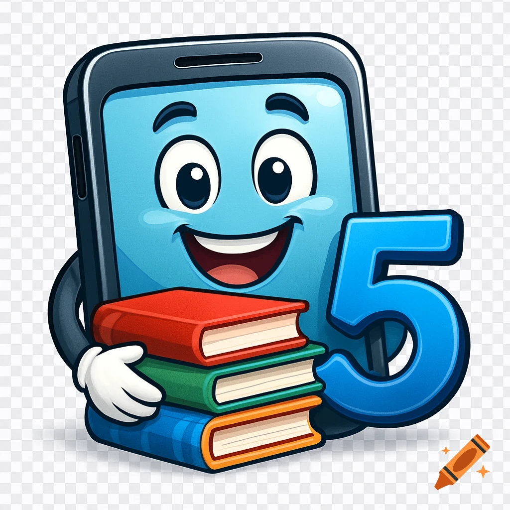 Smiling cartoon smartphone character hugging colorful books with a large blue number 5, on a transparent background.