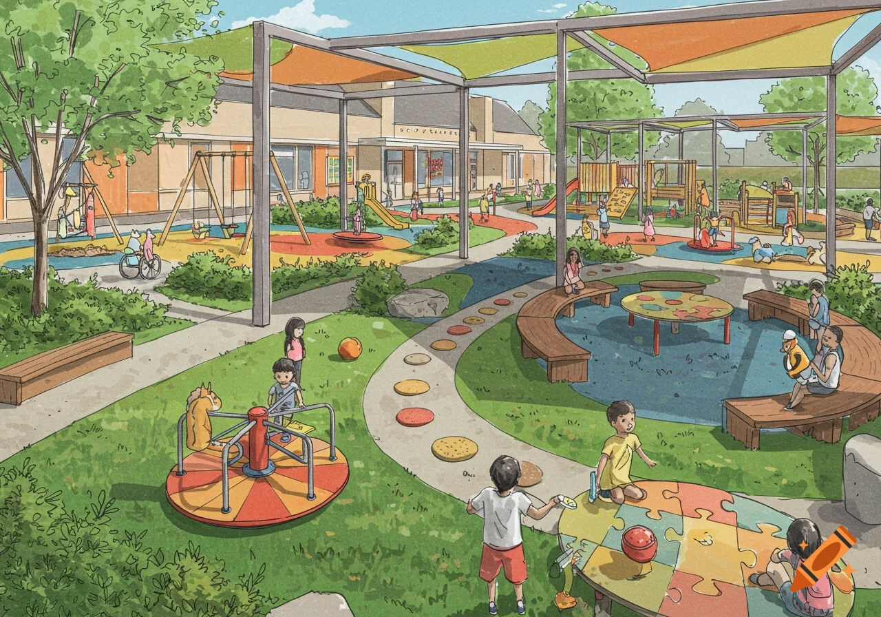 Watercolor illustration of a vibrant, inclusive school playground with children playing on various equipment under colorful shade sails.
