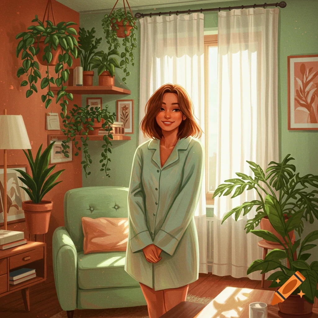 Smiling woman in a light green shirt stands in a cozy, plant-filled room with pastel green and terracotta walls, illustrated style.