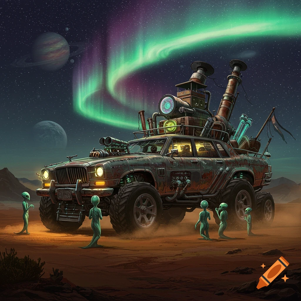A rusty, heavily modified large car on an alien planet with small green aliens under a starry sky with a vibrant aurora.
