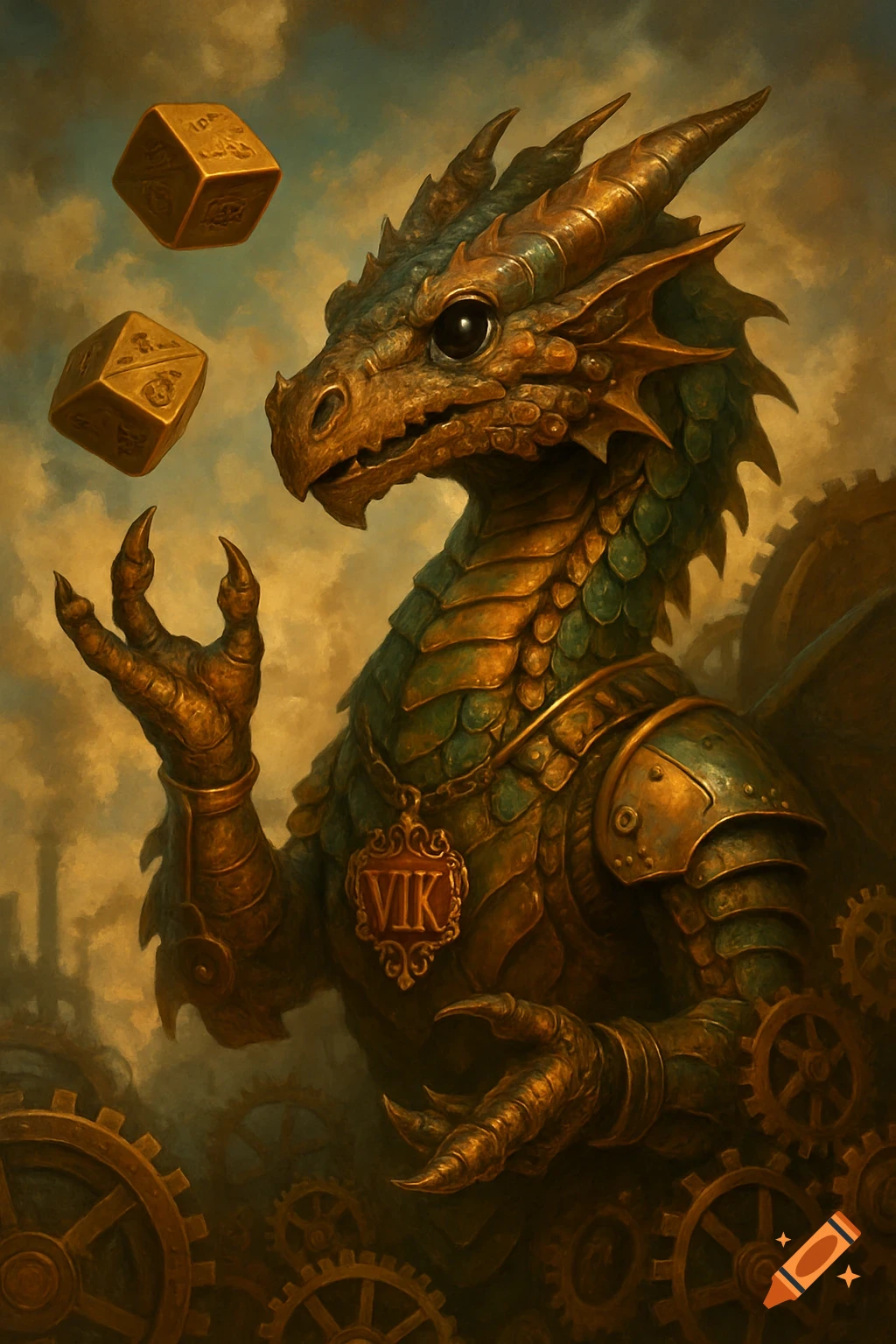 A majestic steampunk dragon with a "VIK" charm plays with floating golden dice, surrounded by intricate gears against a cloudy, sepia-toned sky.