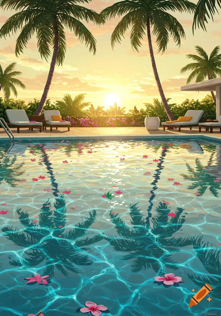 Illustrative tropical poolside at sunset with palm trees, sun loungers, and reflections of light and trees in the water, adorned with pink flowers.