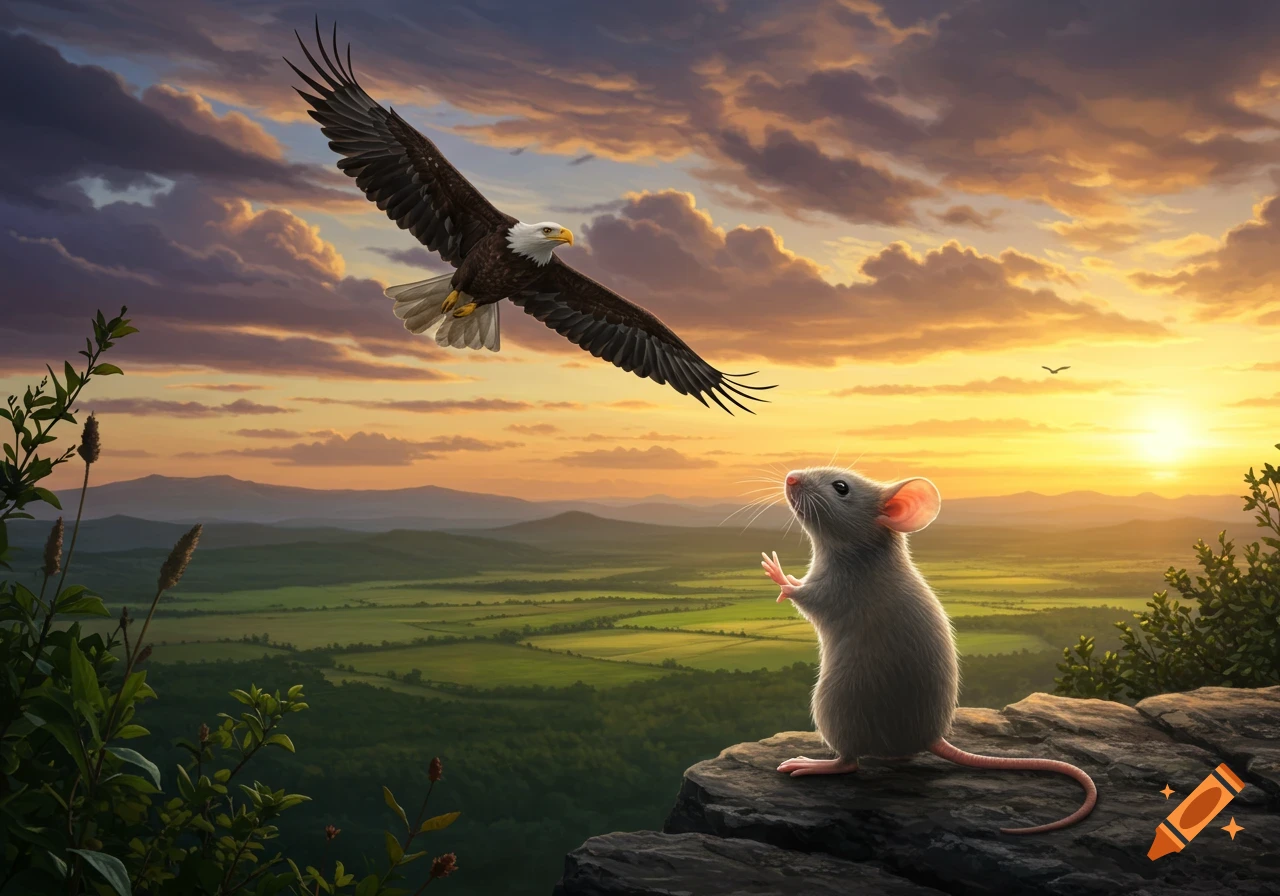 A small gray mouse stands on a rocky cliff, looking up at a majestic bald eagle flying overhead at sunset.