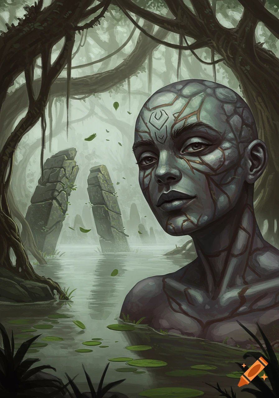 A bald figure with patterned, stone-like skin in murky swamp water, ancient monoliths and gnarled trees in a misty fantasy digital painting.