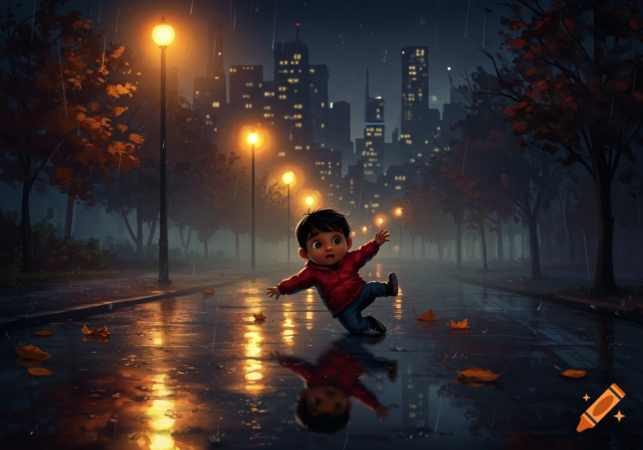A cartoon boy in a red jacket is falling on a wet, rainy city street at night, with bright streetlights and a city skyline.