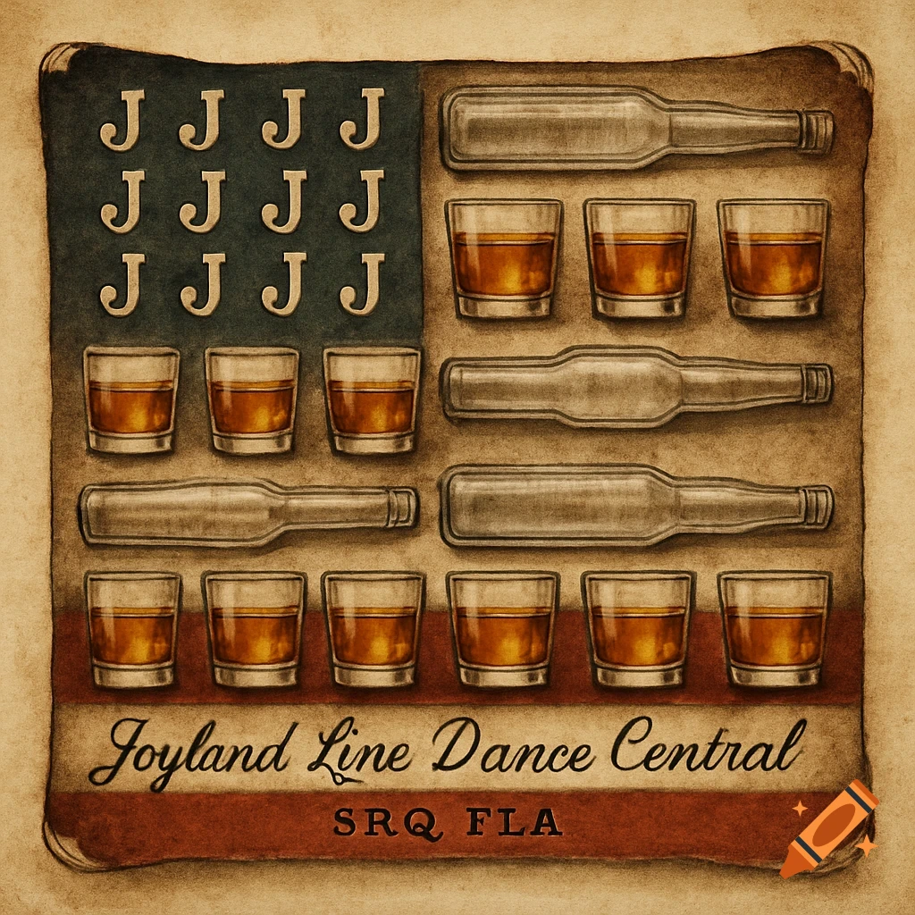 A vintage distressed American flag design with whisky glasses for red stripes, beer bottles for white stripes, and capital J's for stars, with "Joyland Line Dance Central SRQ FLA" text.