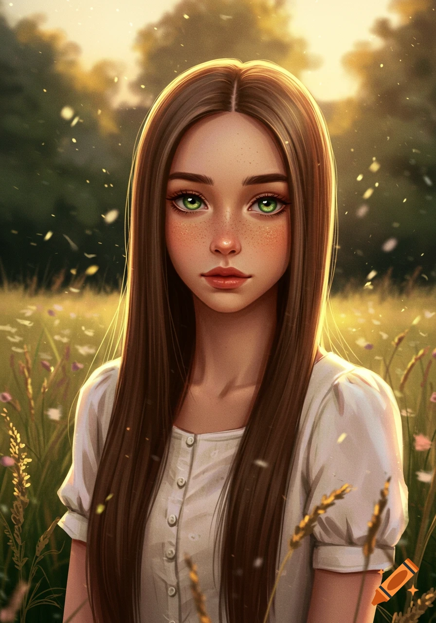 A stylized digital portrait of a young girl with long brown hair, green eyes, and freckles, standing in a sunny field.