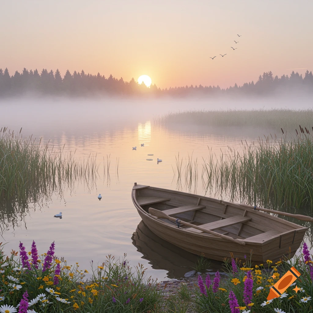 A wooden rowboat rests on the shore of a misty lake at sunset, surrounded by reeds and wildflowers under a pastel sky.