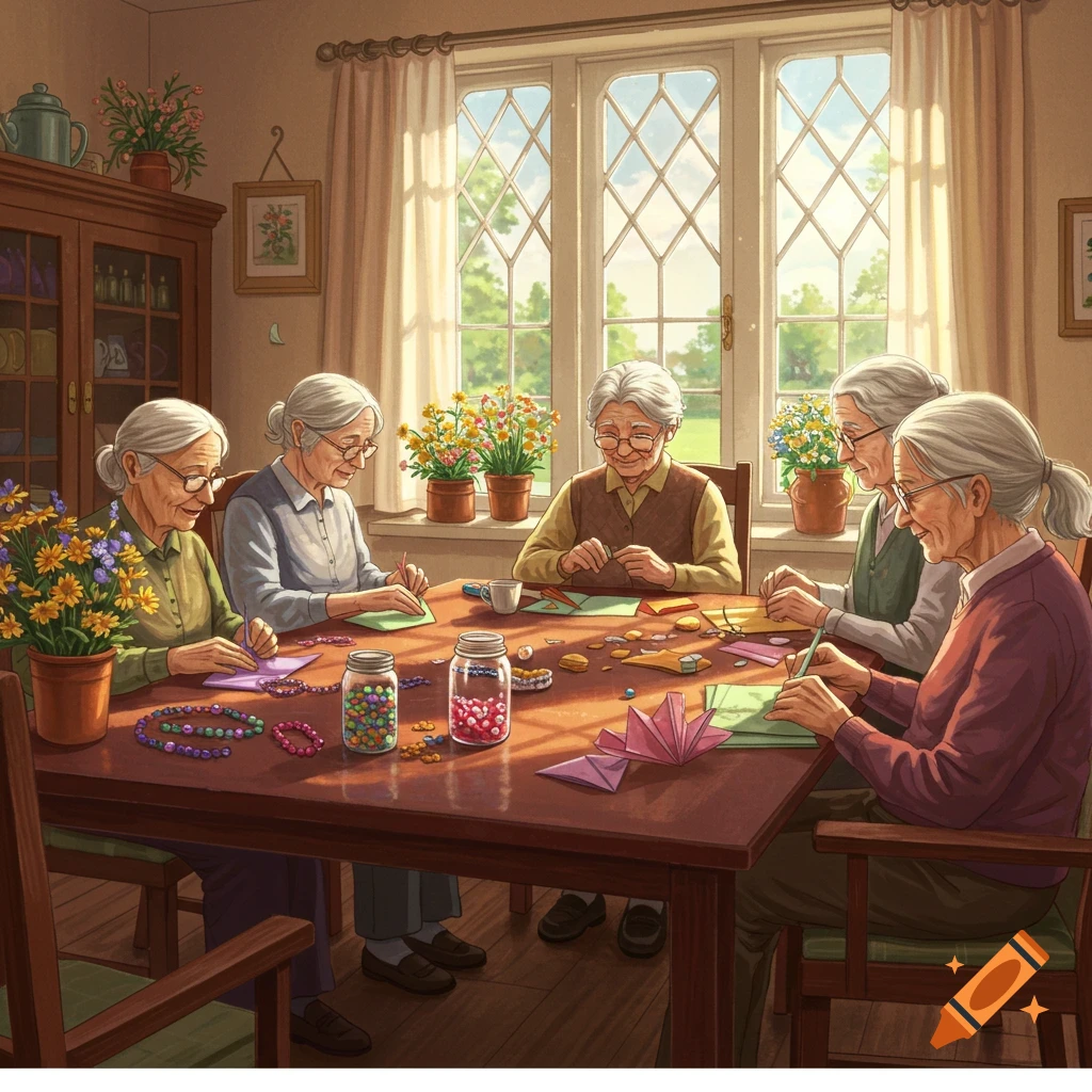 Five elderly women crafting at a wooden table in a brightly lit room with a window overlooking a garden.