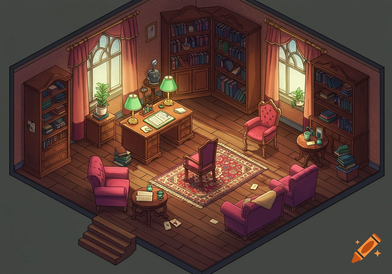 Isometric illustration of a Victorian study room with wooden bookshelves, a large desk, and red armchairs.