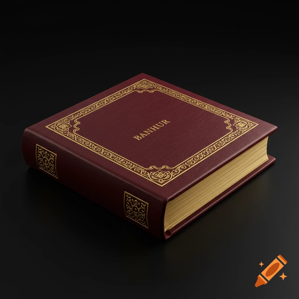 A red leather-bound book with gold ornate trim and the word "BANHUR" on its cover, resting on a black background.