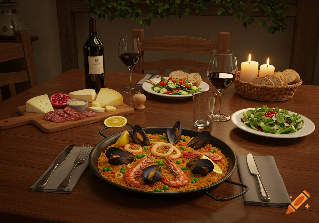 A photorealistic dinner table with seafood paella, wine, cheese, charcuterie, salads, bread, and candles.