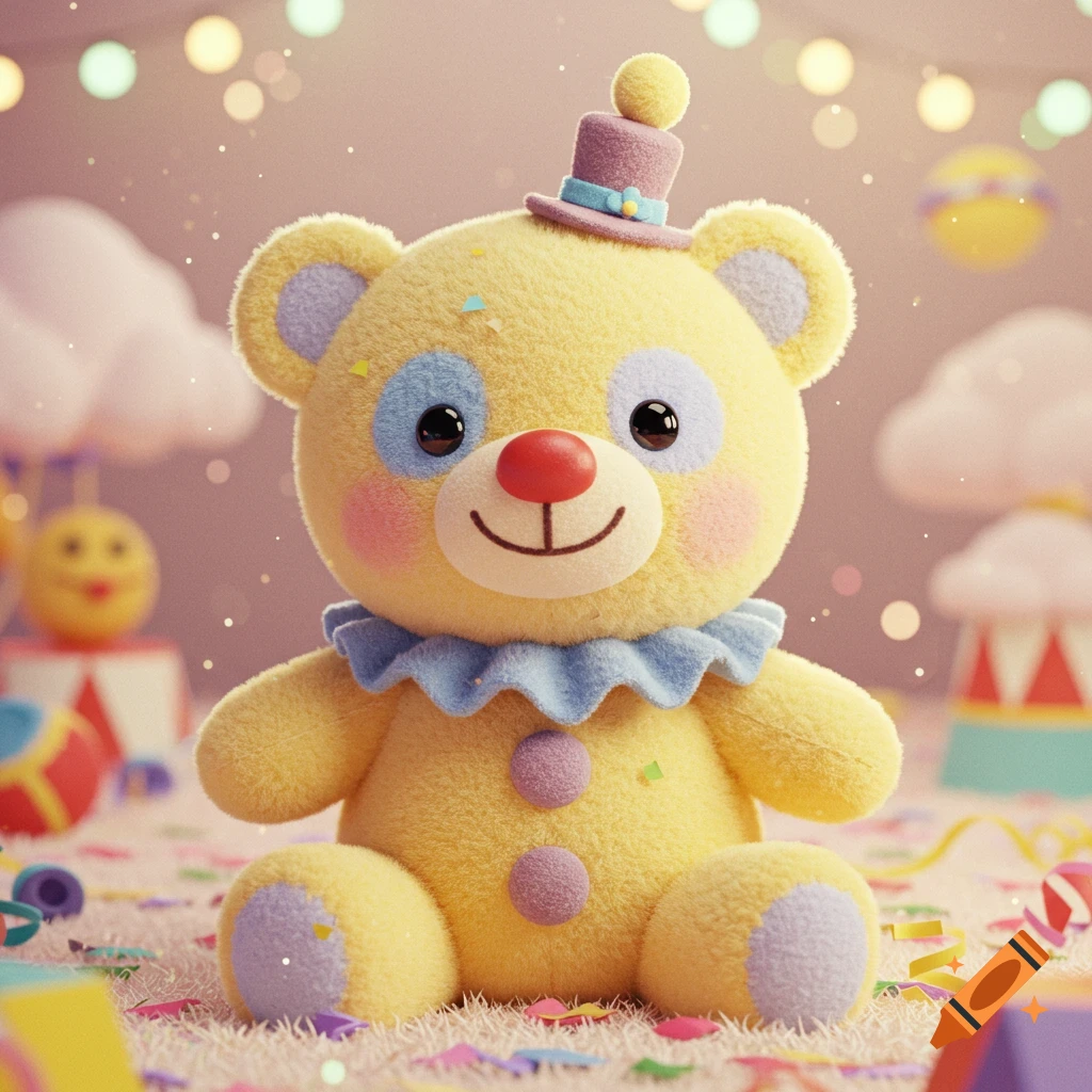 A fluffy yellow clown bear plush toy with a tiny hat and blue ruff sits amidst confetti, with blurred lights in the background.