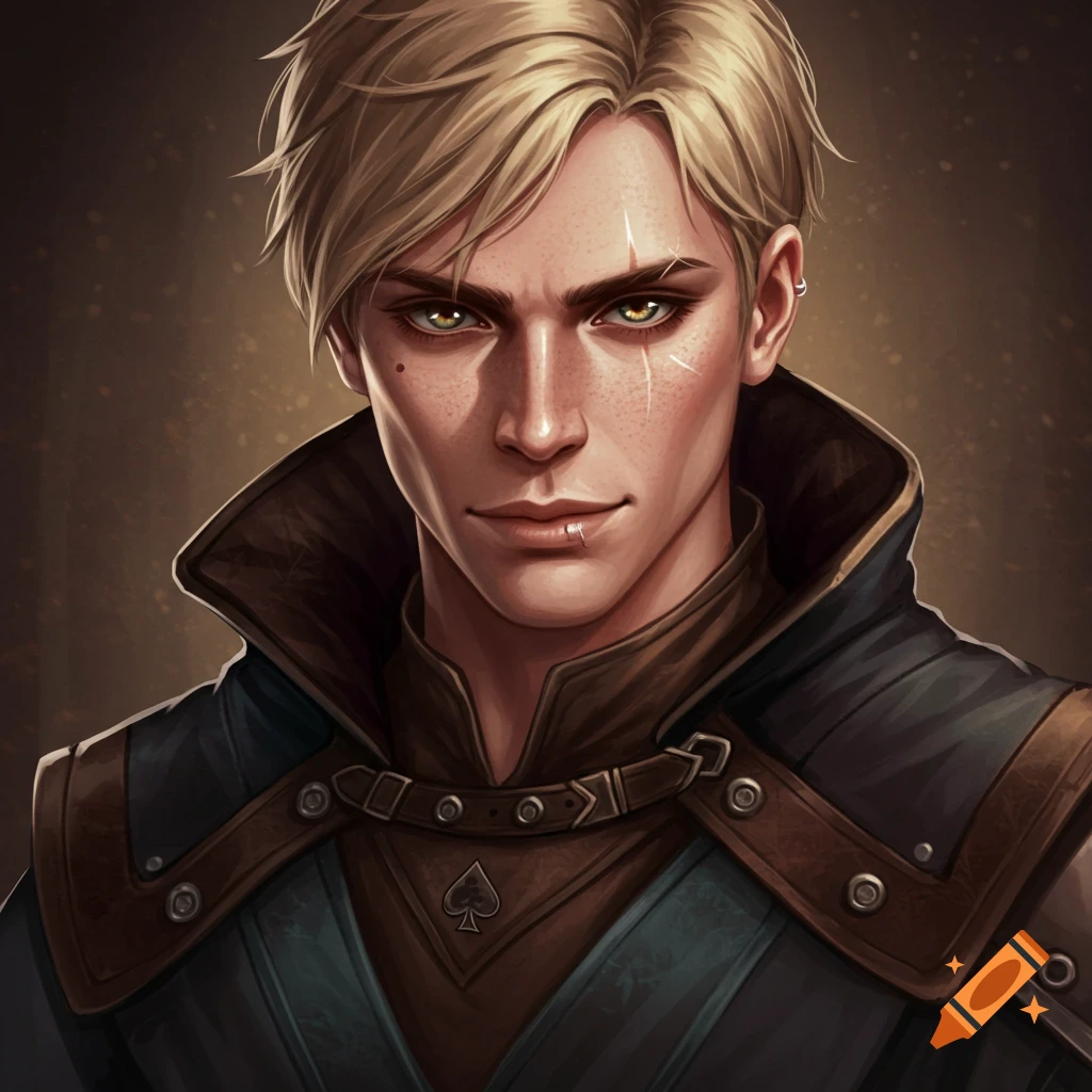 Digital art portrait of a pale-skinned blonde male with hazel eyes, short swooped hair, freckles, a lip piercing, and an ace of spades on his fantasy outfit.