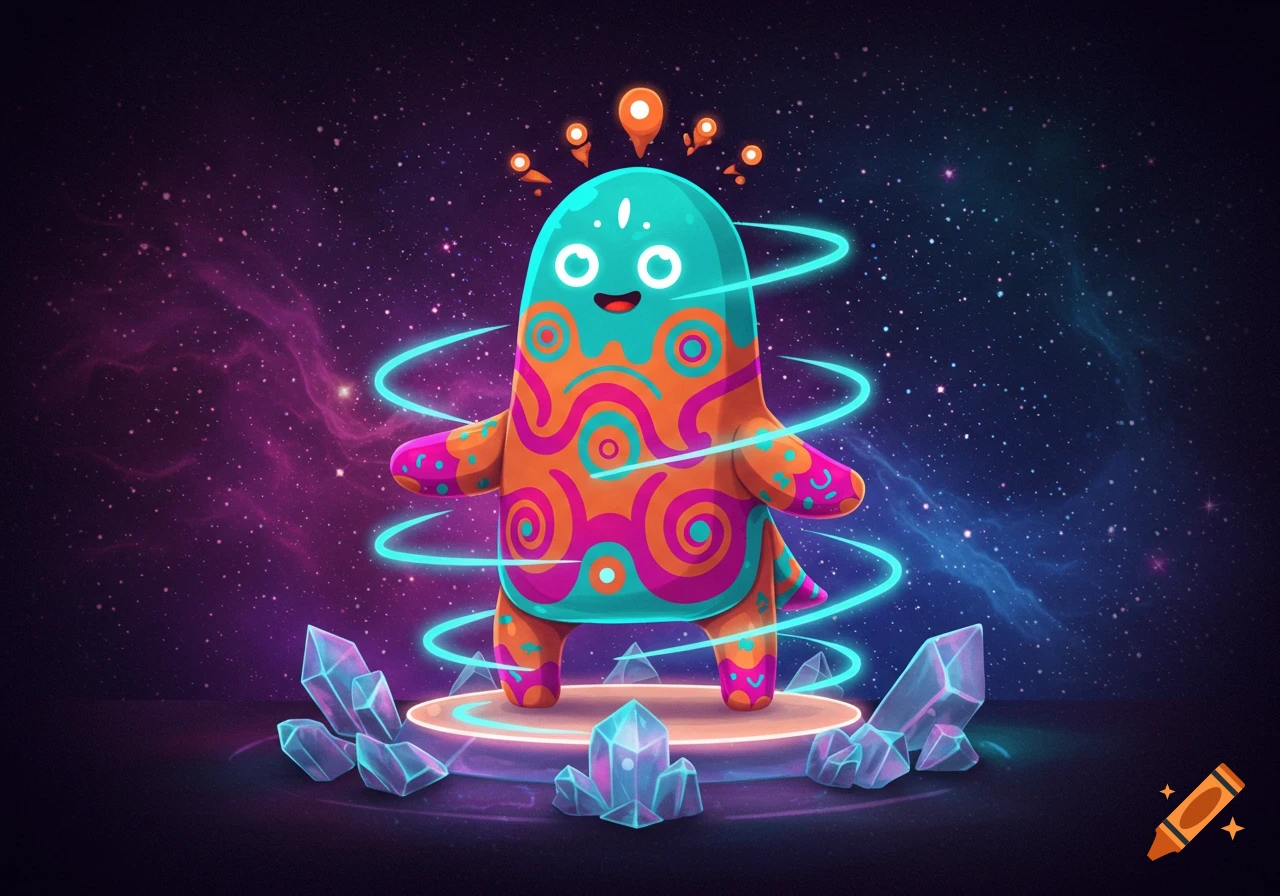 A colorful, stylized alien monster with blue rings around its body, standing on a glowing platform surrounded by crystals in space.