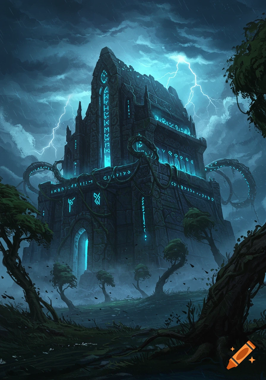 A dark, ancient fantasy temple or castle with glowing blue runes, enveloped in mist and illuminated by lightning during a stormy night. Twisted trees frame the scene.