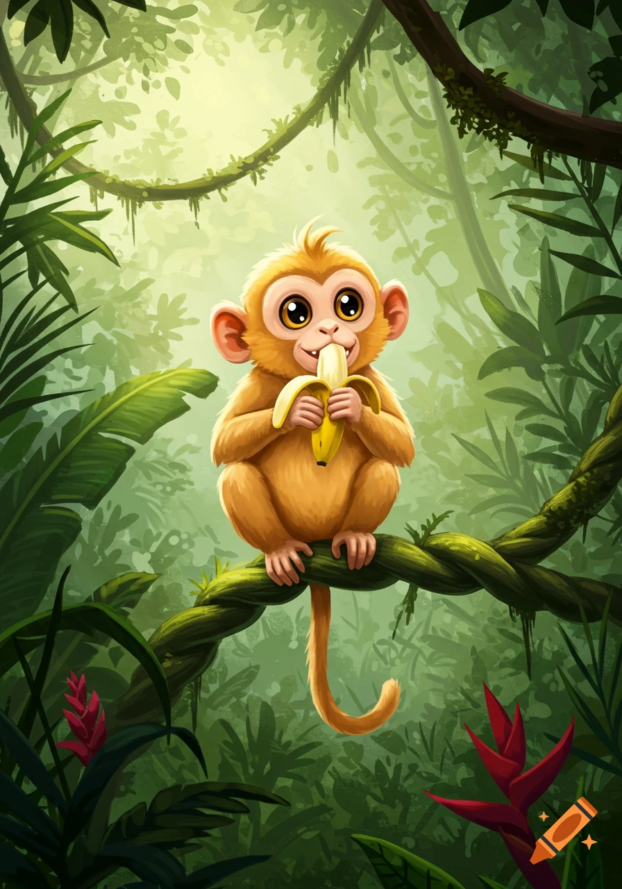 A cute cartoon monkey with big eyes sits on a vine in a vibrant jungle, eating a banana.