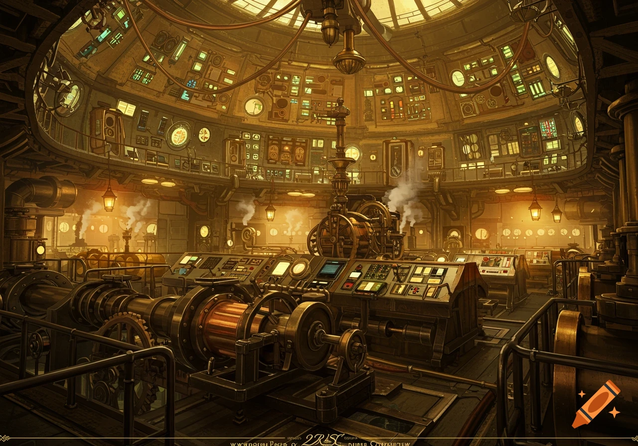 An intricate, expansive steampunk machine room with glowing gauges, pipes, control panels, and a central mechanism emitting steam.