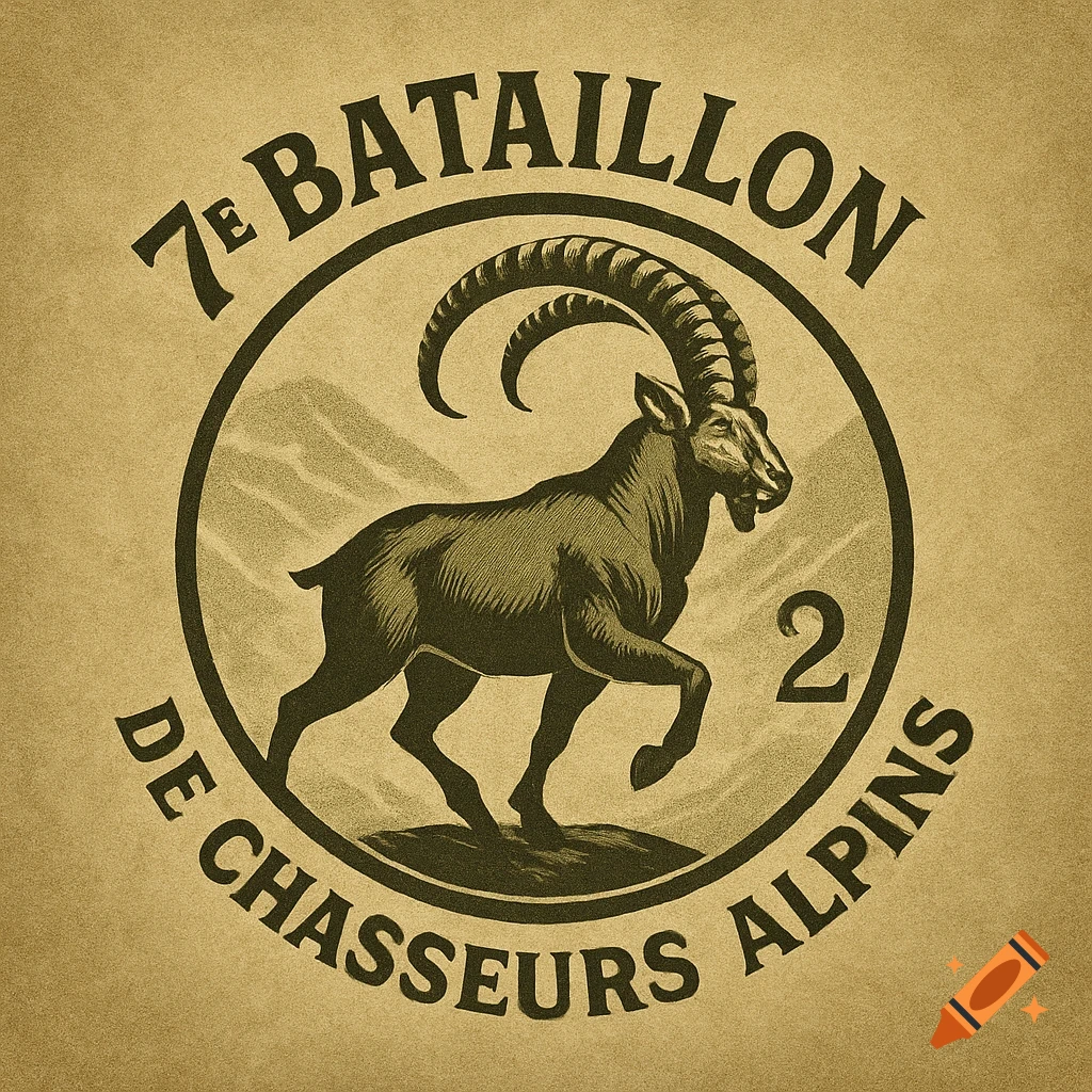A vintage military-style logo featuring an ibex in a mountainous circle, with text '7E BATAILLON DE CHASSEURS ALPINS' and the number 2.