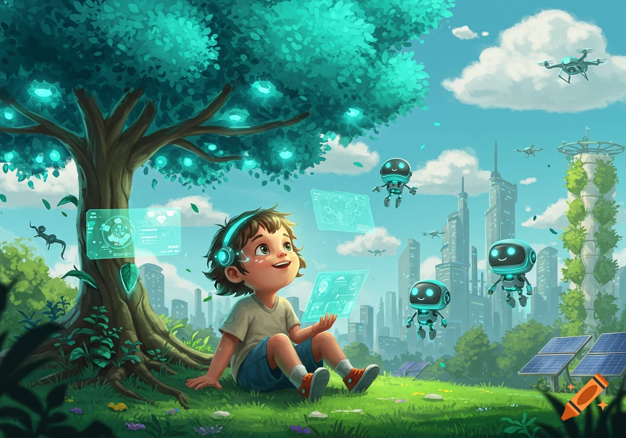A smiling child wearing headphones sits under a glowing tree, interacting with holographic screens, surrounded by small robots and drones in a futuristic city park with solar panels.