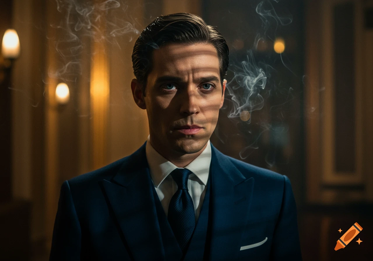 Photorealistic portrait of a serious man in a blue suit with shadows and smoke, in a cinematic style.
