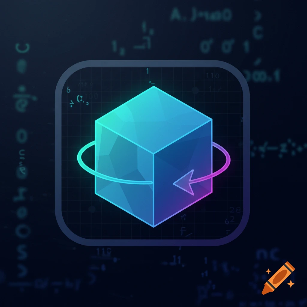 Glowing blue-purple faceted cube with a rotating arrow icon on a dark background with blurred mathematical equations.