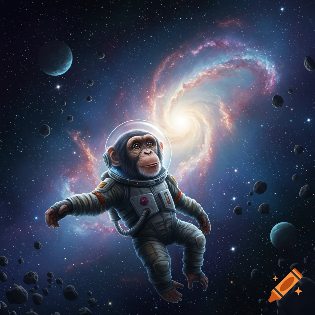 A chimpanzee in a detailed spacesuit floats in outer space, surrounded by planets, asteroids, and a bright spiral galaxy.