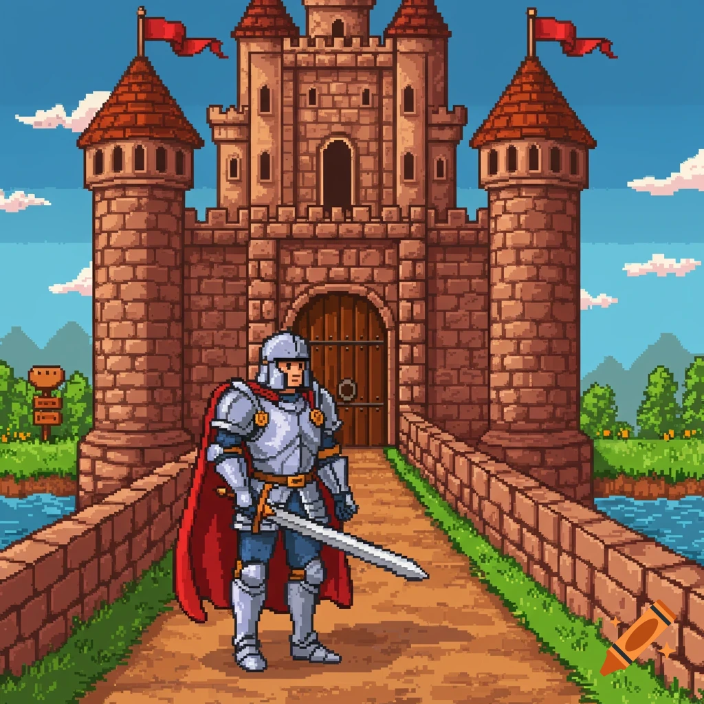 Pixel art knight with a sword stands on a bridge in front of a stone castle under a blue sky.