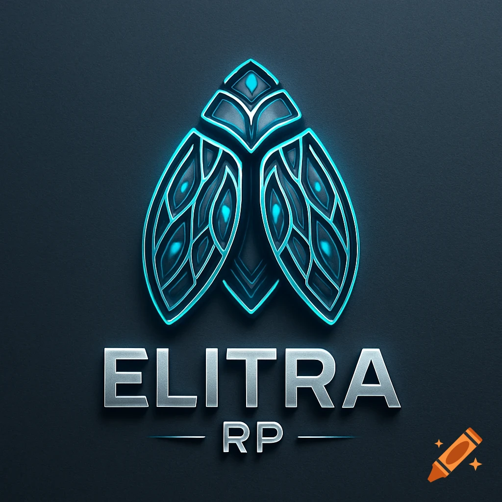 A sleek, modern logo featuring a glowing blue abstract insect shape above silver text that reads 'ELITRA RP' on a dark background.