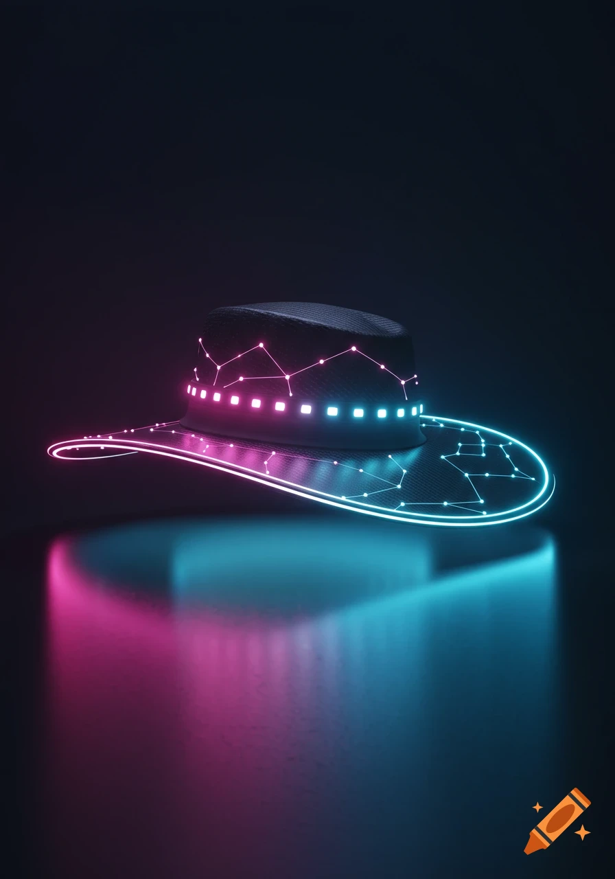 A dark fedora-style hat with glowing pink and blue neon lights forming circuit patterns, casting reflections on a dark surface.