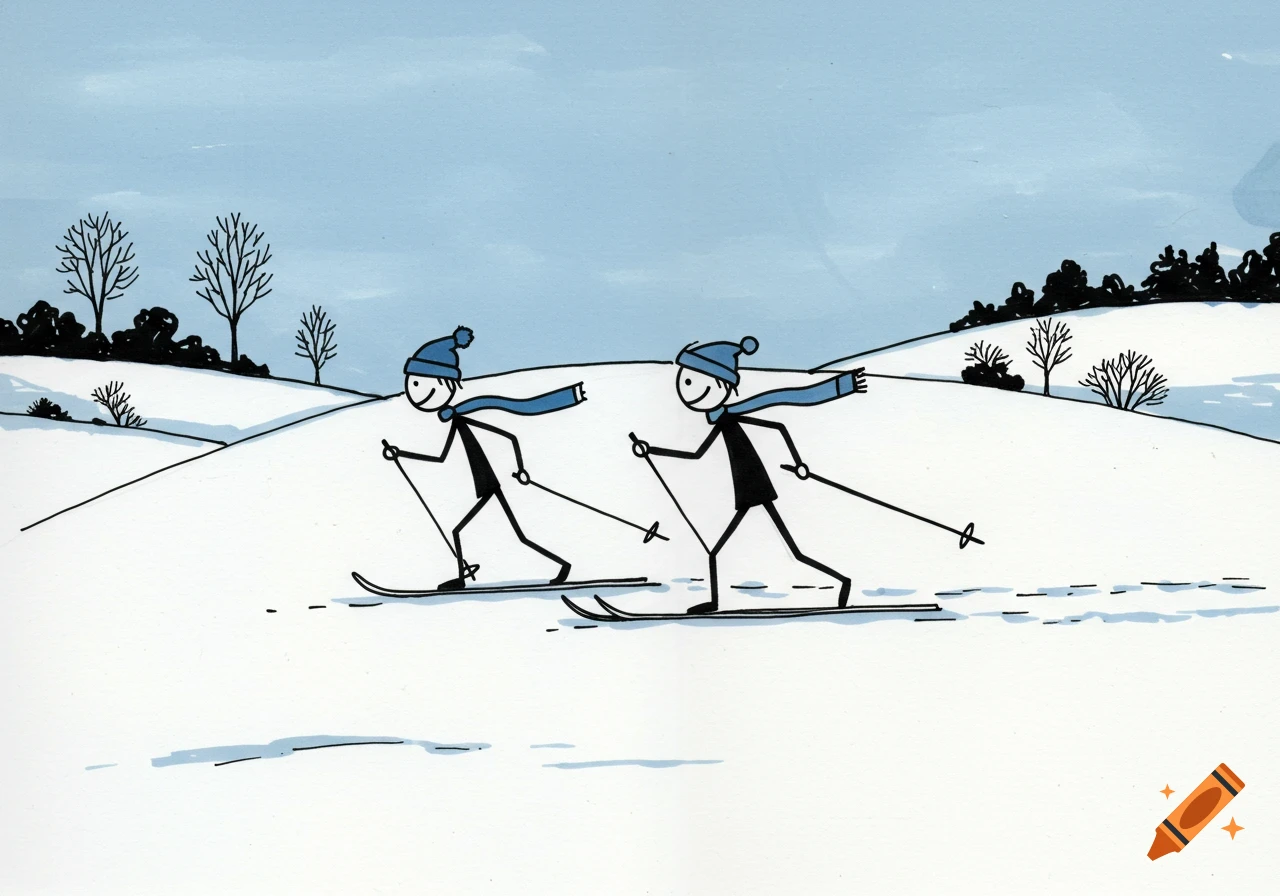 Two stick figures cross-country skiing across a snowy hill with bare trees under a light blue sky, in a simple illustration style.