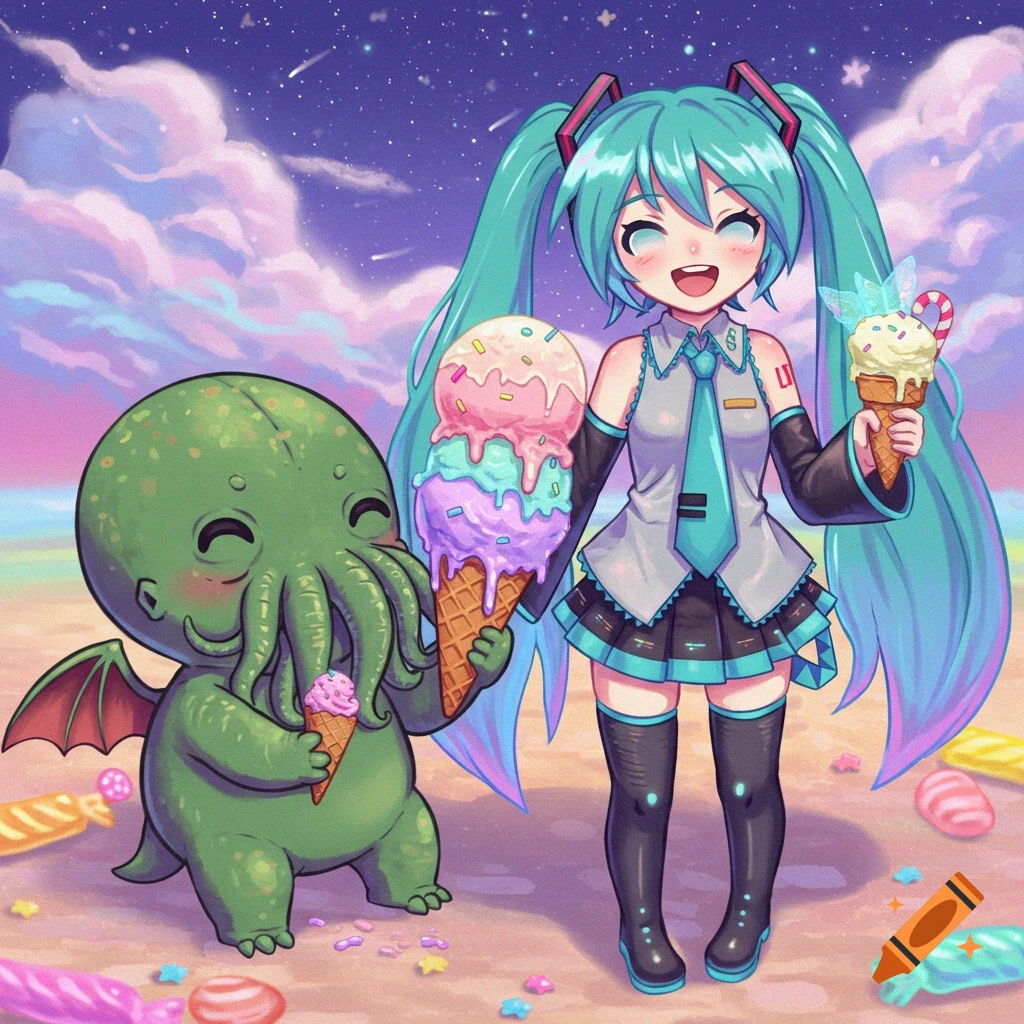 A cute, cartoonish Cthulhu and Hatsune Miku joyfully eating colorful ice cream cones on a candy-strewn beach at night under a starry, cloudy sky.