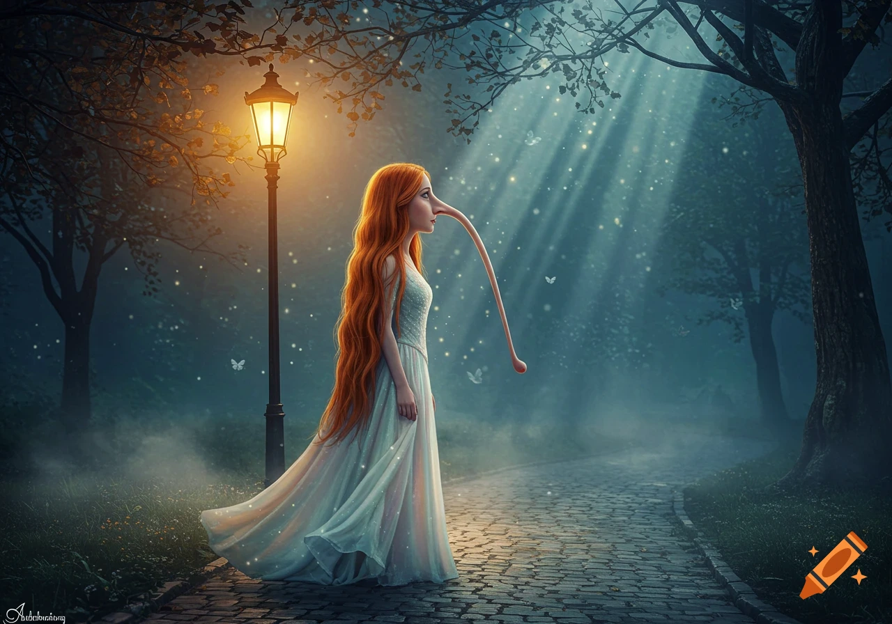 A woman with very long red hair and an extremely long nose stands on a cobblestone path under a glowing lamppost in a magical, misty forest.