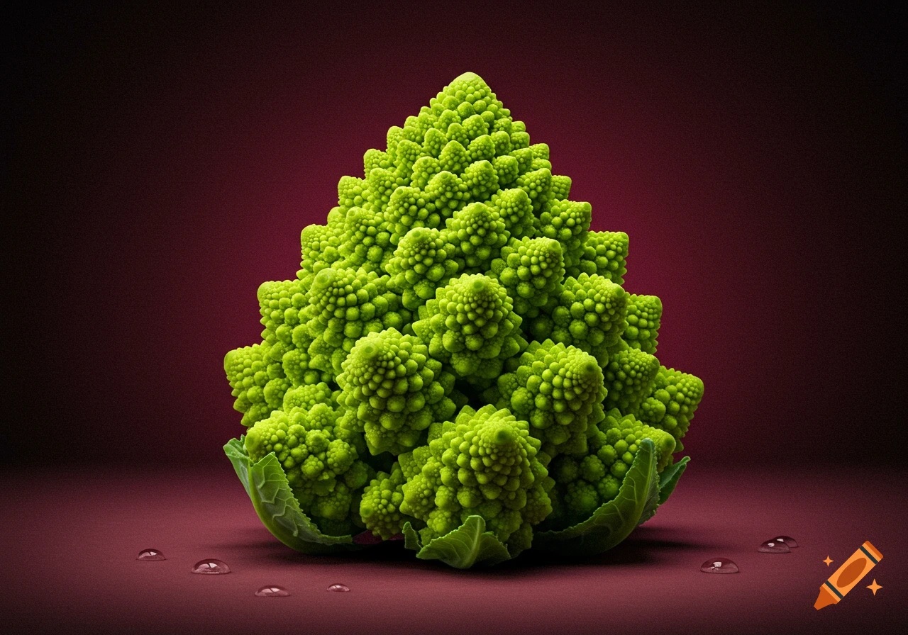 A bright green, geometrically fractal Romanesco broccoli stands on a dark red surface with water droplets.