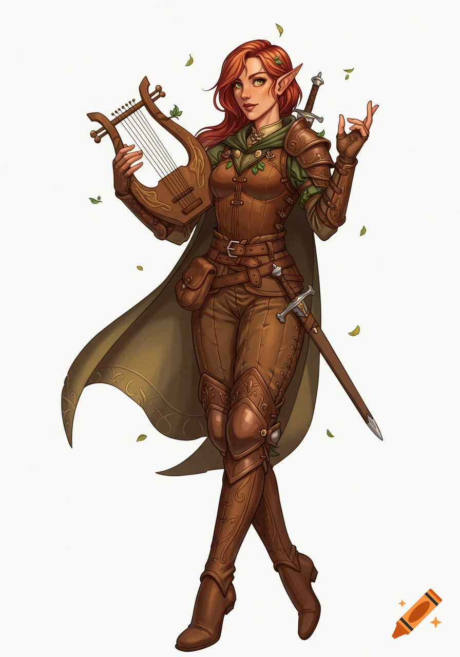 A red-haired elf bard in leather armor and a green cloak stands holding a lyre, with a sword at her side, digital fantasy art.