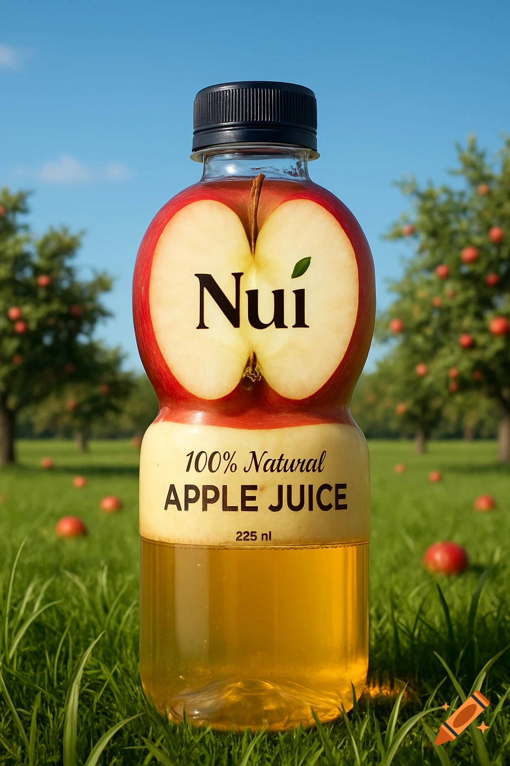 A photorealistic apple-shaped bottle of Nui 100% Natural Apple Juice (225 nl) standing in a grassy apple orchard under a blue sky.