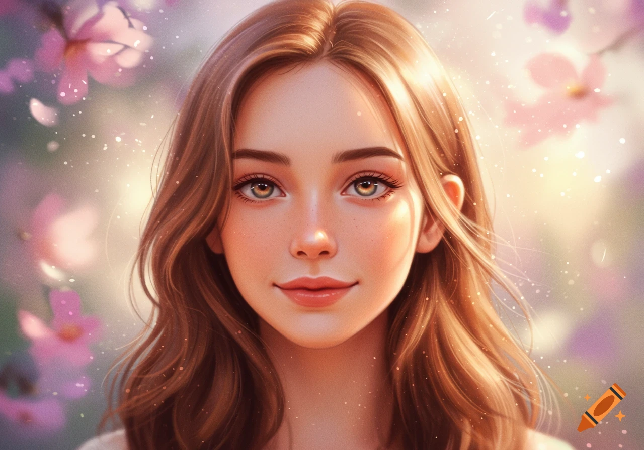 A digital art portrait of a young woman with long brown wavy hair, freckles, and hazel eyes, against a soft, blurred pink floral background with sparkling light.