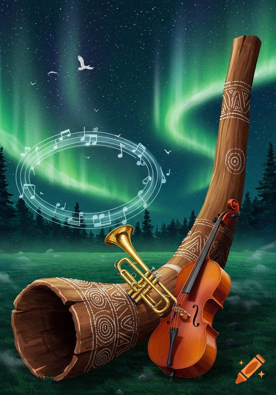 A trumpet and cello lean against a large didgeridoo with aboriginal art patterns, set against an aurora borealis sky above a forest, with floating musical notes.