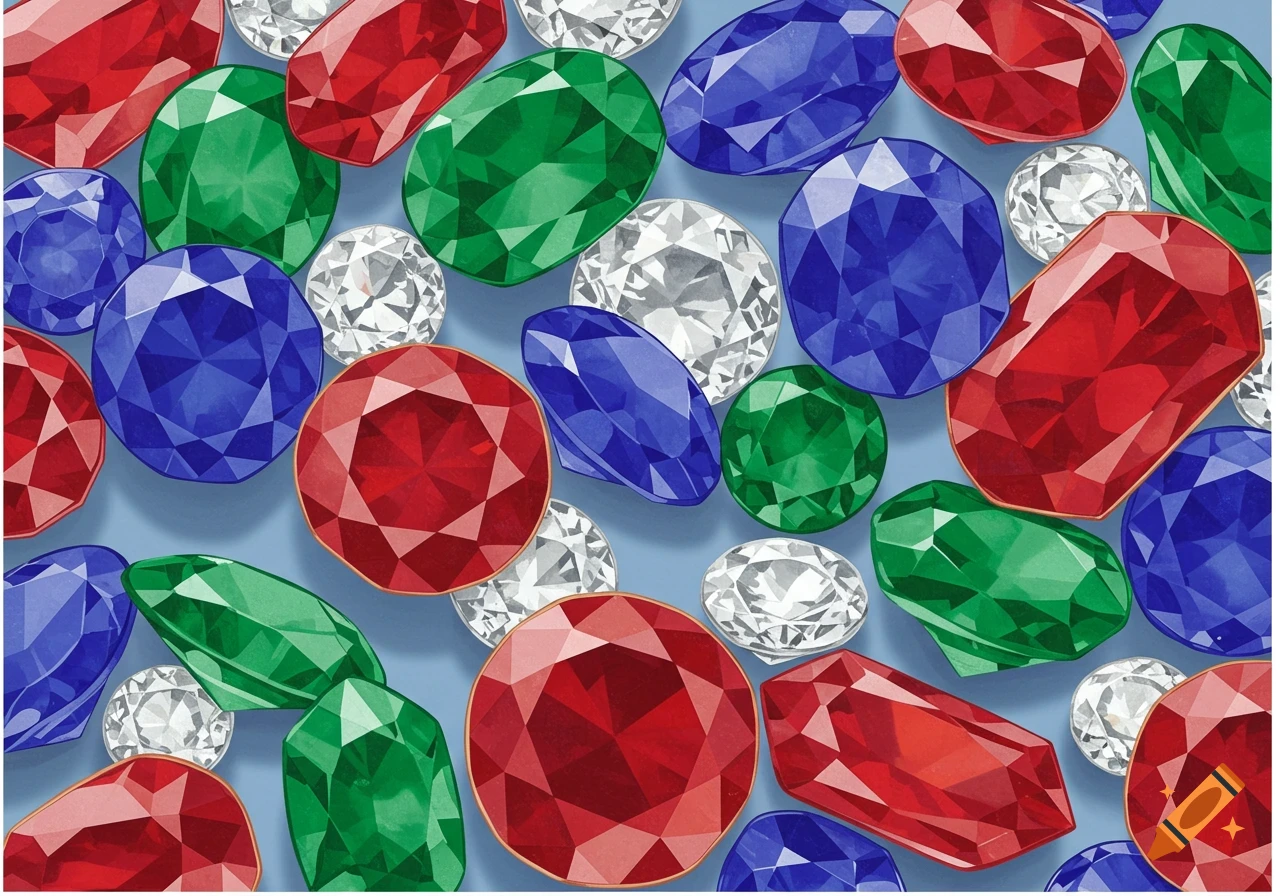A vibrant assortment of faceted red, blue, green, and clear gemstones in various cuts scattered on a light blue background.