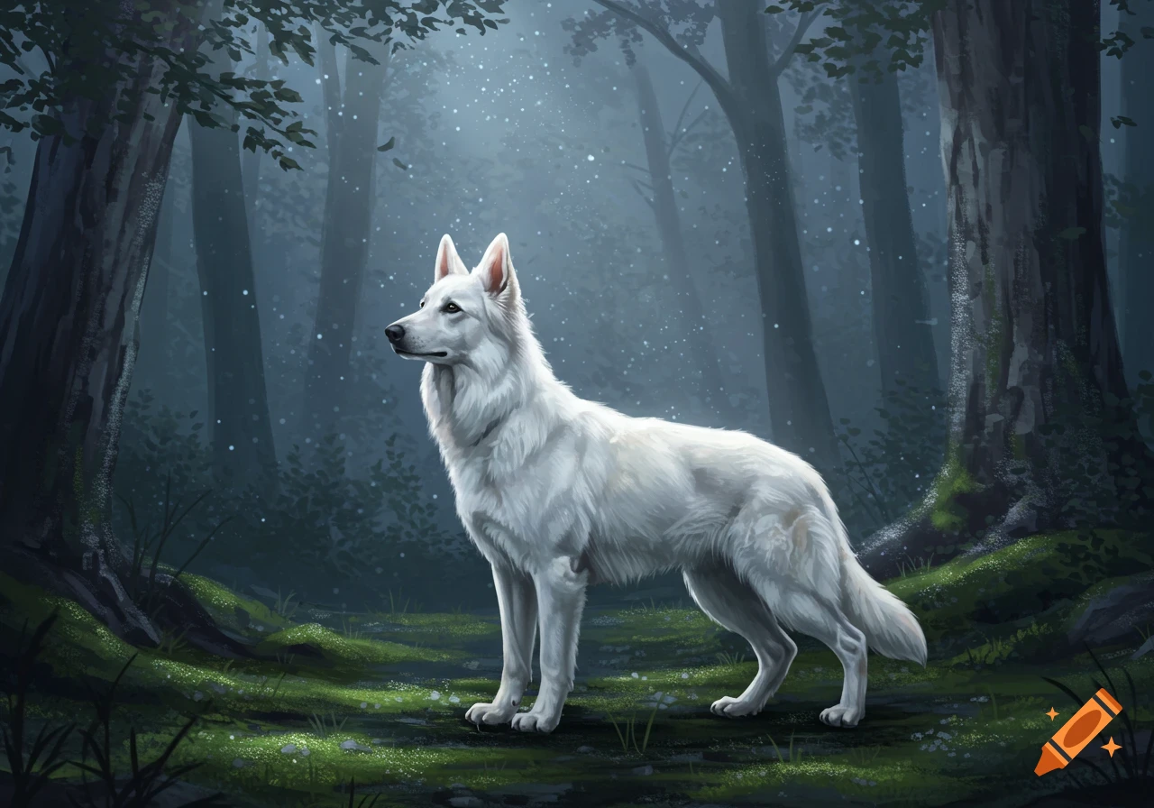 A majestic white wolf or dog stands in a mystical, dark forest with sunlight dappling through the trees.