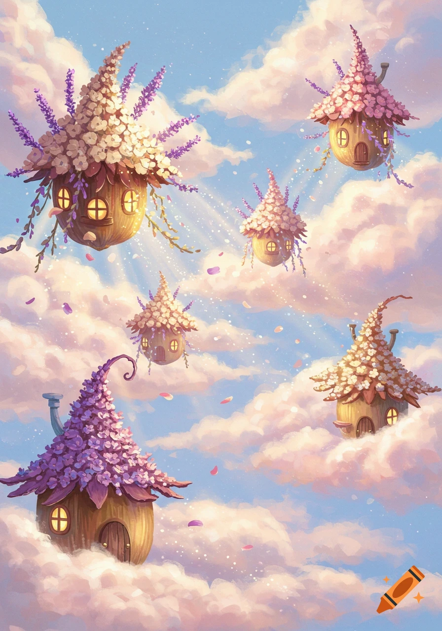 Whimsical flower-adorned fairy houses float among pastel clouds in a blue sky with light rays and falling petals.