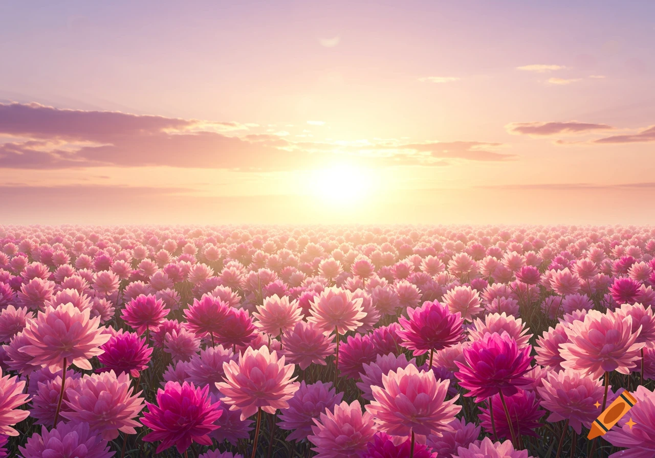 Vast field of vibrant pink and fuchsia flowers under a soft, glowing sunrise or sunset sky with light clouds.