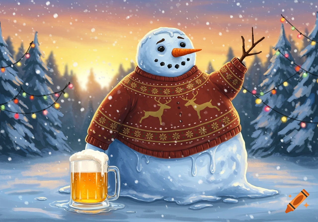 A melting snowman wearing a festive red sweater with reindeer patterns, holding a mug of beer in a snowy winter forest at sunset.