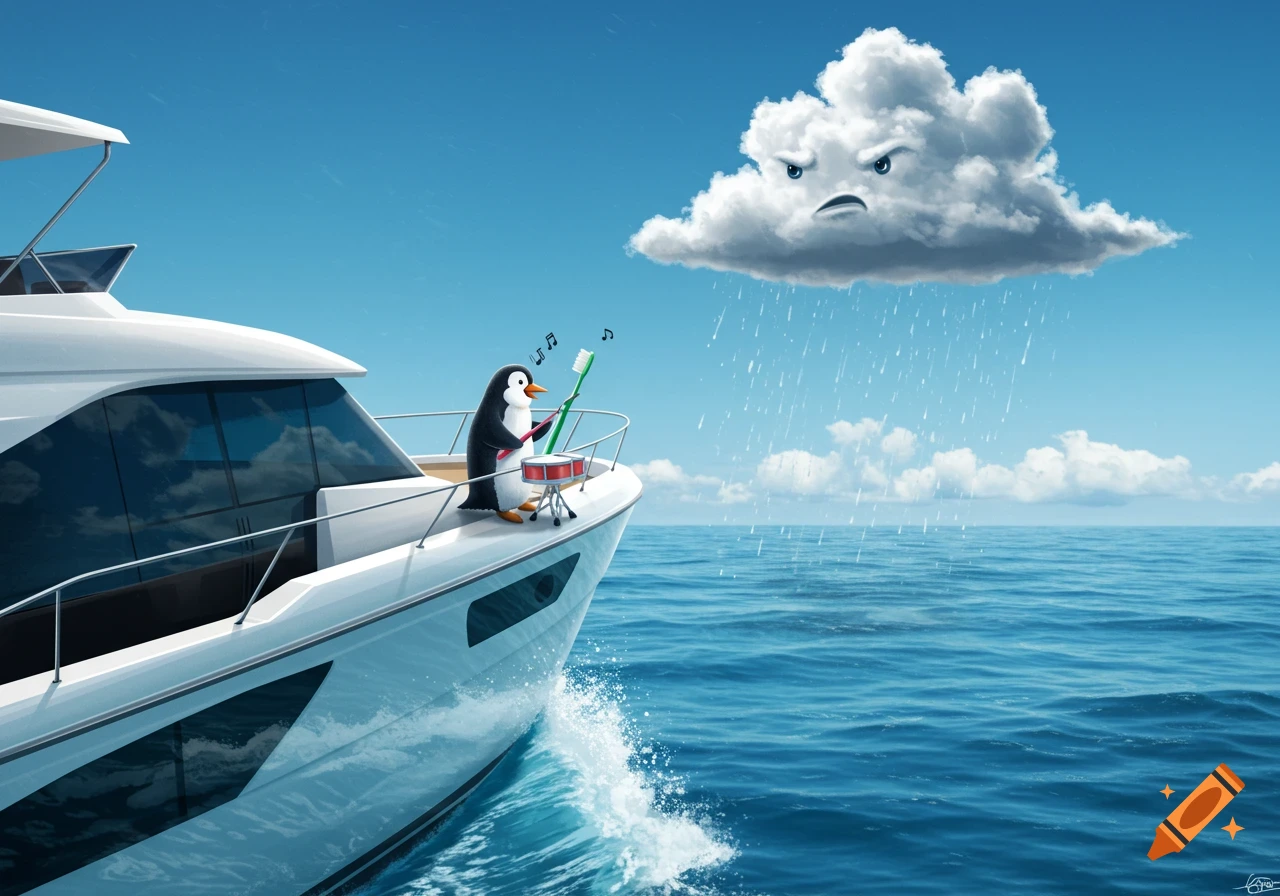 A cartoon penguin plays drums with toothbrushes on the bow of a yacht while an angry rain cloud pours rain on it in a vibrant ocean scene.