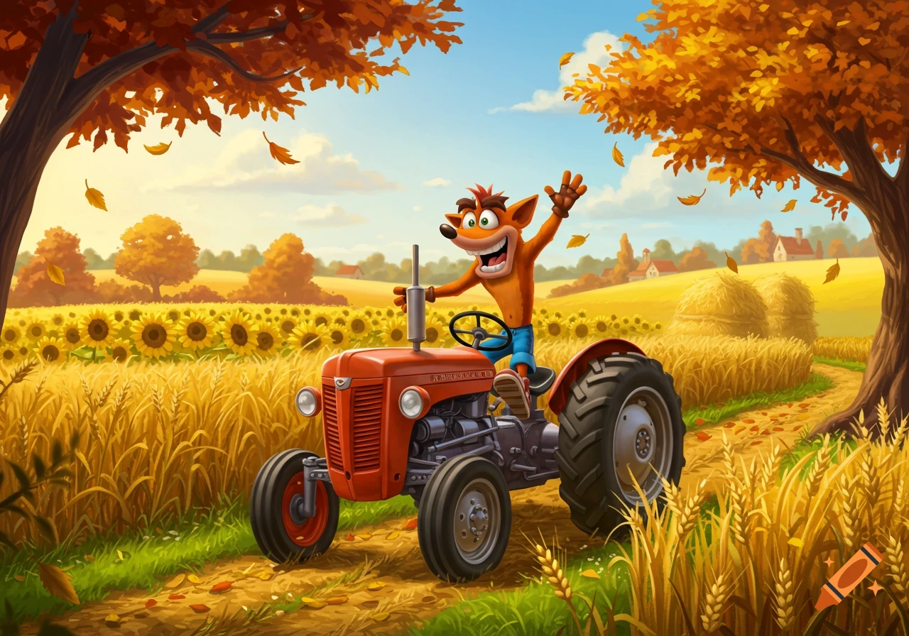 Crash Bandicoot enthusiastically drives a red tractor through a golden wheat field with sunflowers and autumn trees.