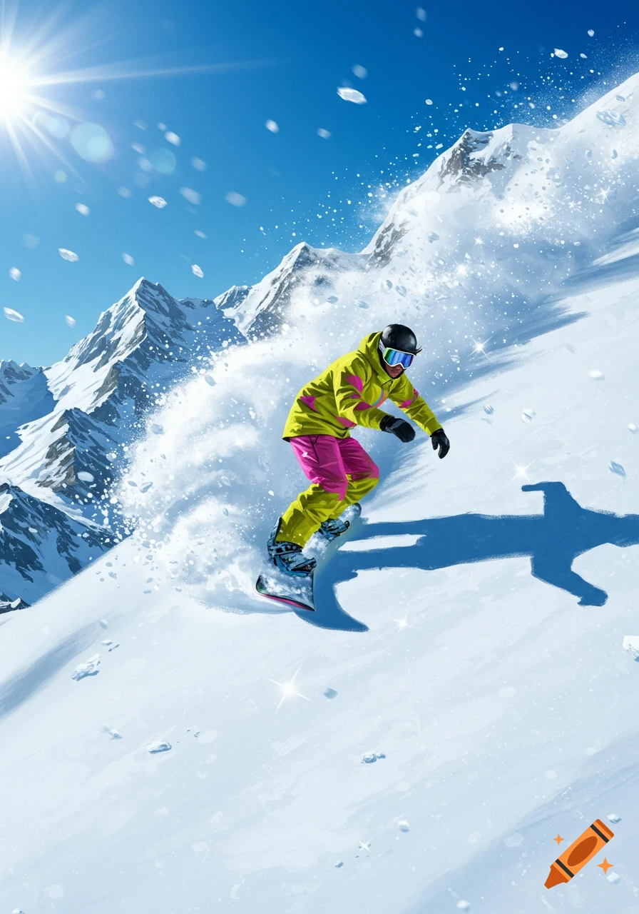 A snowboarder in a bright yellow and pink suit carves down a snowy mountain under a sunny blue sky, kicking up snow.