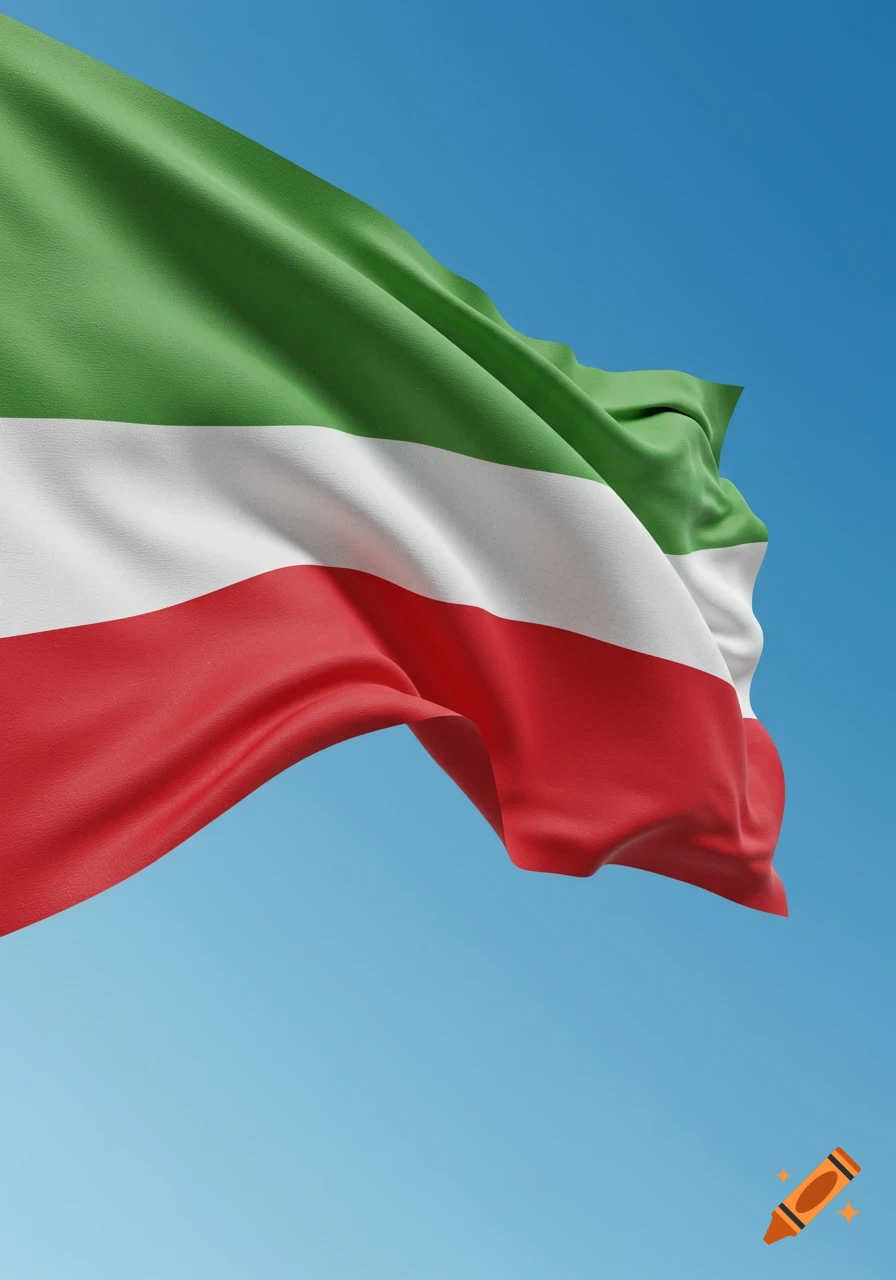 The green, white, and red flag of Chechnya waving against a clear blue sky.