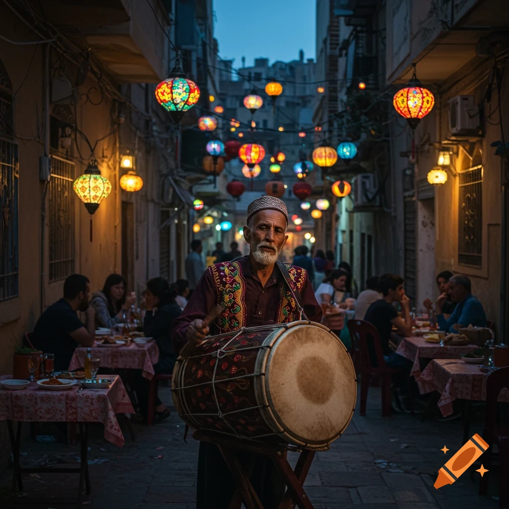 An old man with a white beard plays a drum in a lantern-lit alley at dusk, with people dining at tables.
