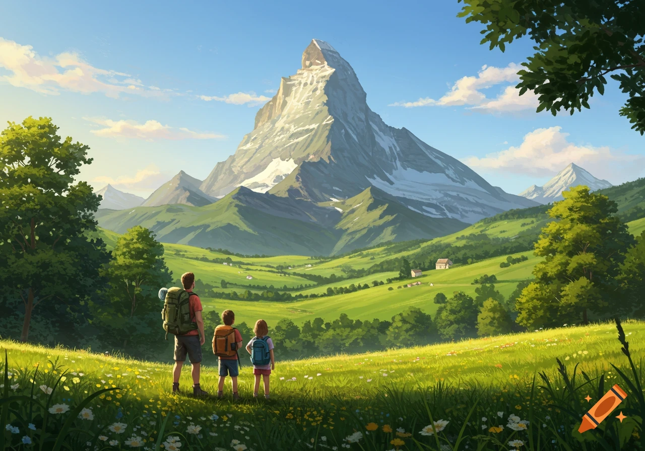 A man and two children with backpacks look at a massive snow-capped mountain over a lush green meadow with wildflowers, in a bright, illustrative style.