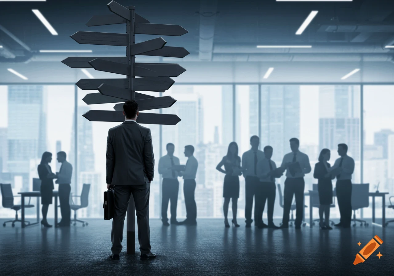 A businessman in a suit stands in an office looking at a multi-directional signpost, with blurred colleagues and city views in the background.